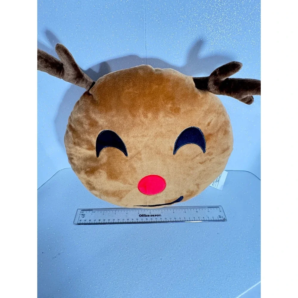 MSA Trading Reindeer Emoji Plush Pillow Brown Red Nose Christmas Decor 12in 3226